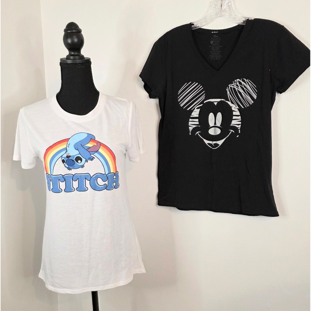 Disney Graphic Tee Bundle Stitch Rainbow White Mickey Mouse Sketch Black V-Neck